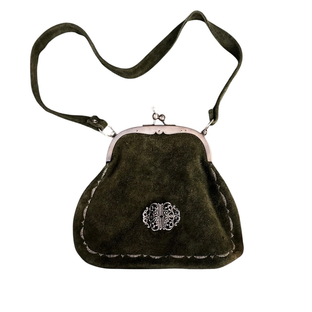 Vintage Womens Khaki Kiss Lock Suede Clutch Bag, Khaki Green, small